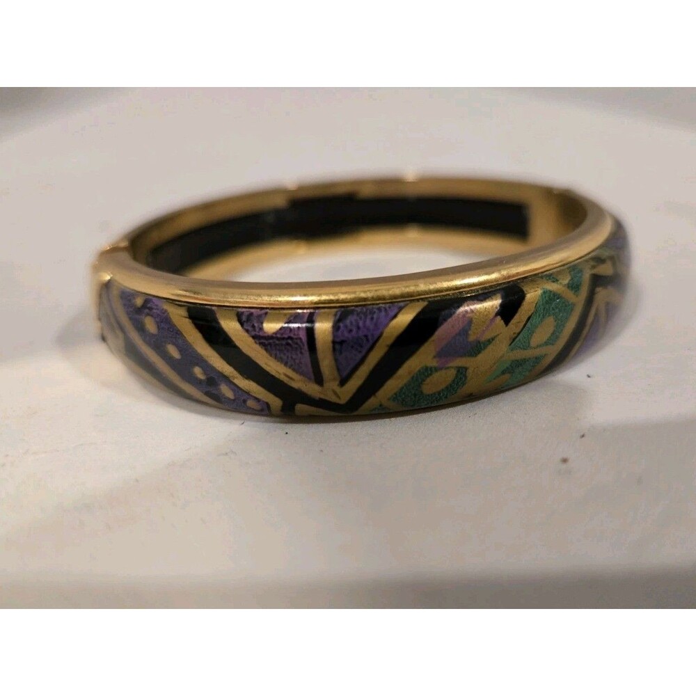 Vintage Abstract Multicolor Enamel Hinged Bangle Bracelet Made In Italy